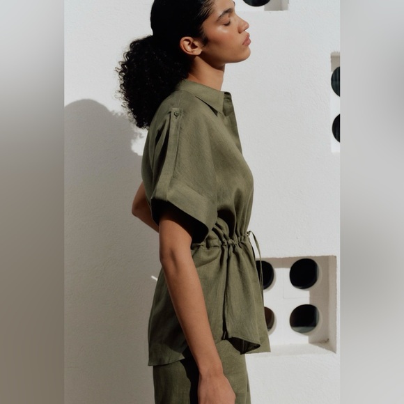 Zara Linen Top Olive Green Drawstring Waist Shirt Large - Picture 3 of 10
